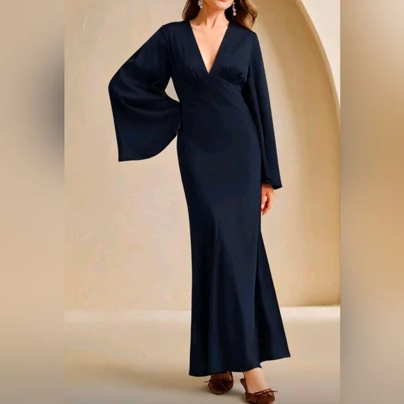 New Flowy Satin High Waist Flare Long Sleeve Maxi Dress Navy Blue